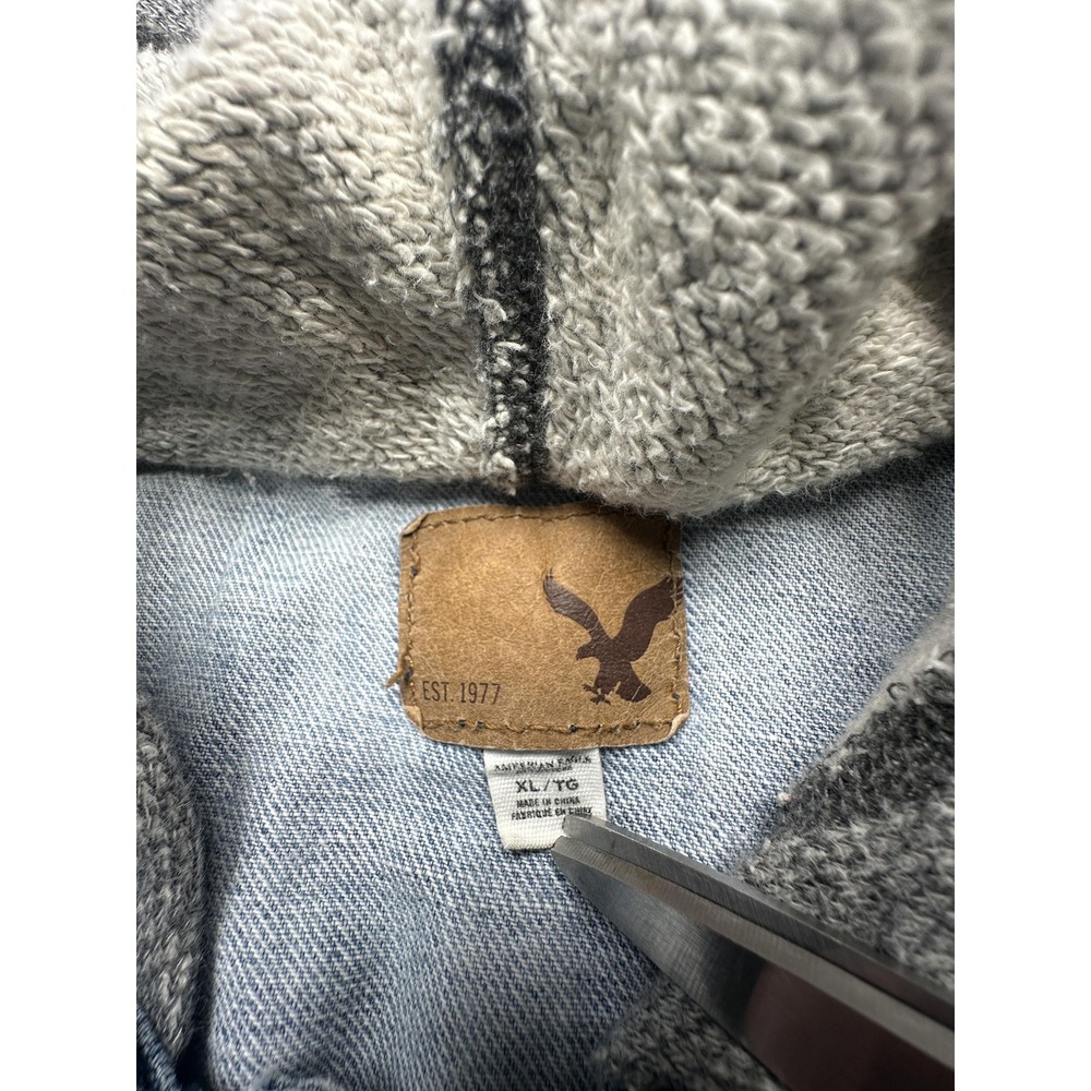 American Eagle Outfitters Jacket Womens XL Blue Denim Hooded Knit Sleeves Sherpa - Picture 4 of 7